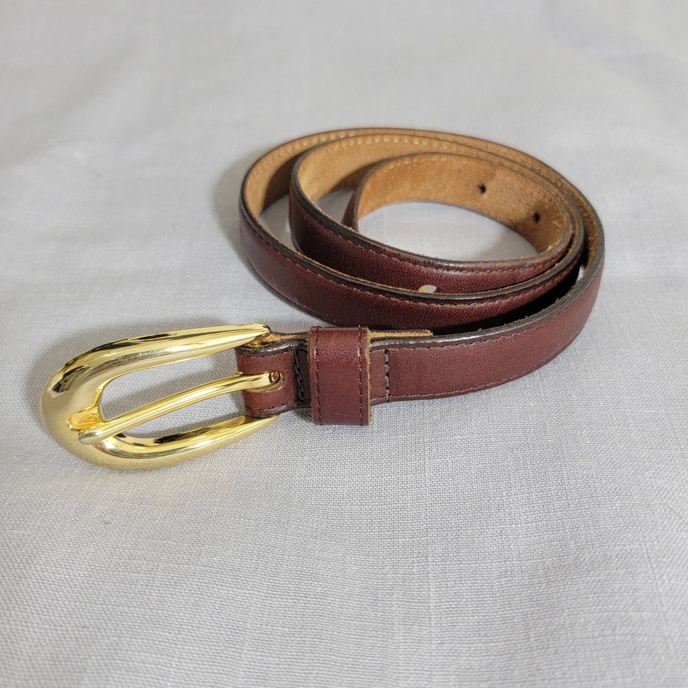 Brown Genuine Leather Skinny Belt Gold Horseshoe Buckle Made in Uruguay